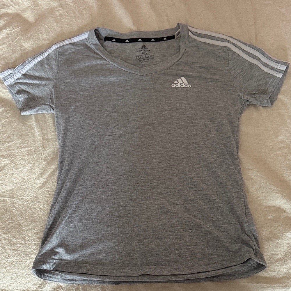 adidas Heather Gray Tee with White Shoulder Stripes